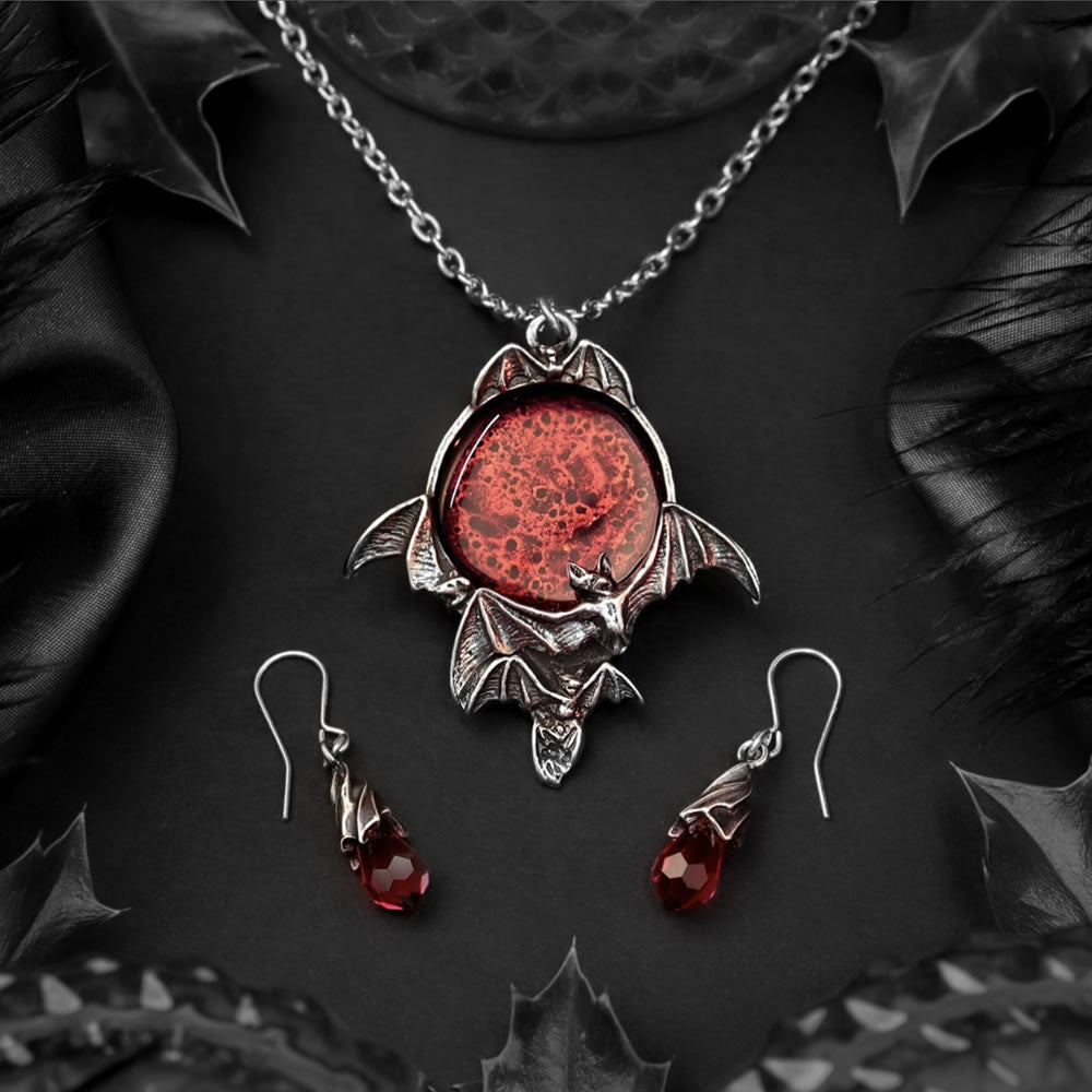 Alchemy Gothic Blood Moon Flying Bats Necklace P447