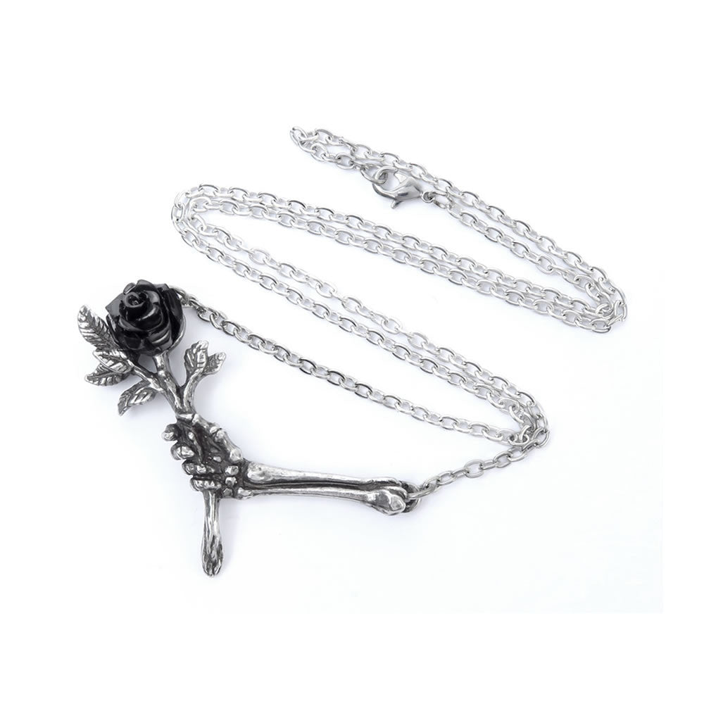 Alchemy Gothic Love Never Dies Skeleton Hand Rose Pendant P839