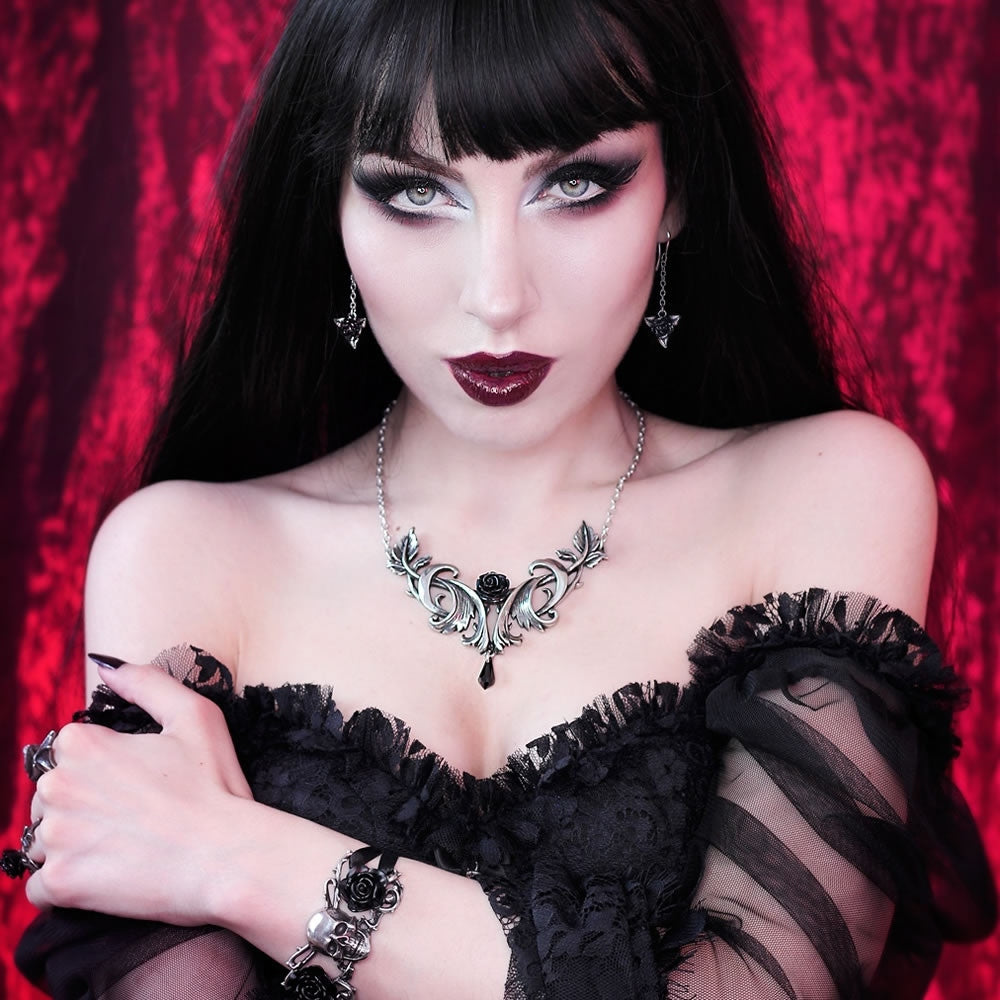 Alchemy Gothic Baroque Black Rose Necklace P955