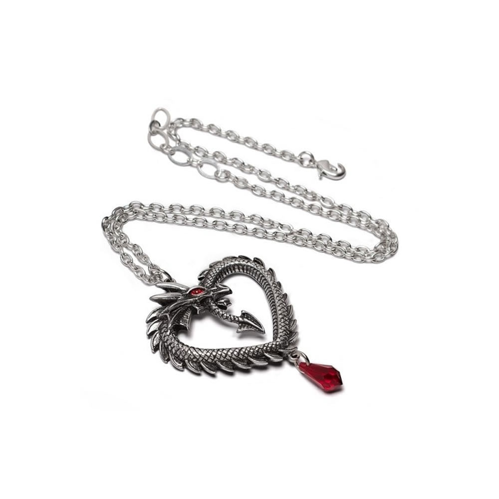 Dragon-shaped necklace with a red gem and black ribbon on a white background