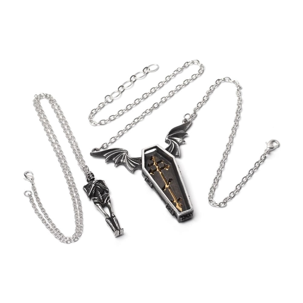 Silver skeleton pendant necklace on a white background