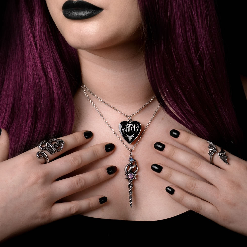 Alchemy Gothic Witch Pendant Black Enamel Heart P996