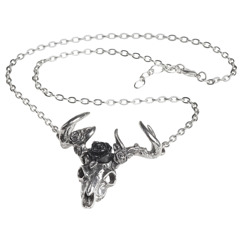 Silver necklace with deer skull and rose pendant on a white background