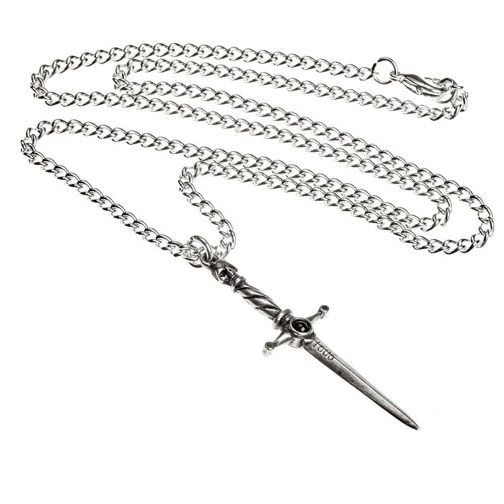 Silver sword-shaped pendant on a chain against a white background