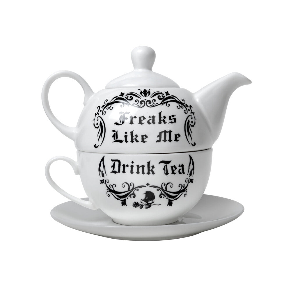 Teapot, mug, and saucer set with decorative text on a white background