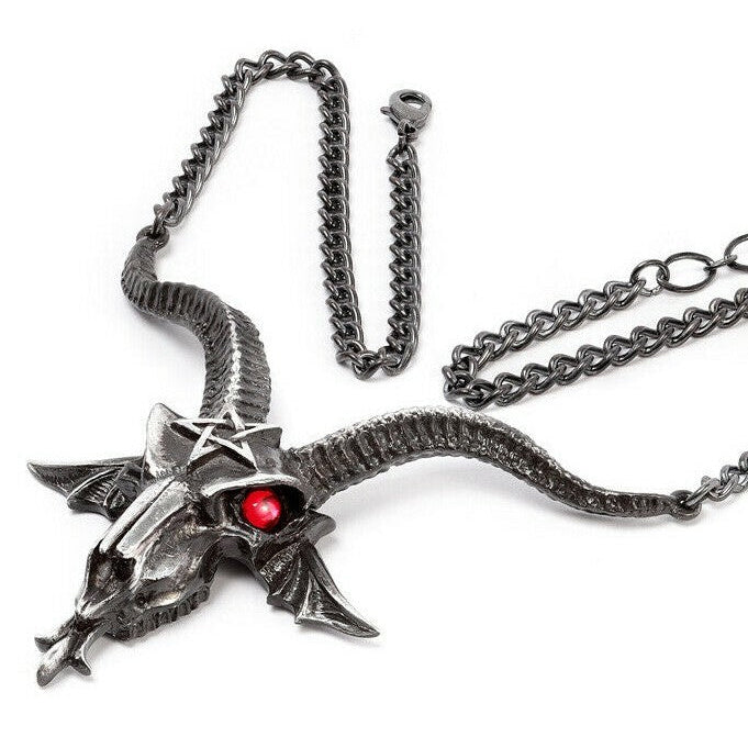 Metallic dragon necklace with red eye and pentagram symbol on a white background
