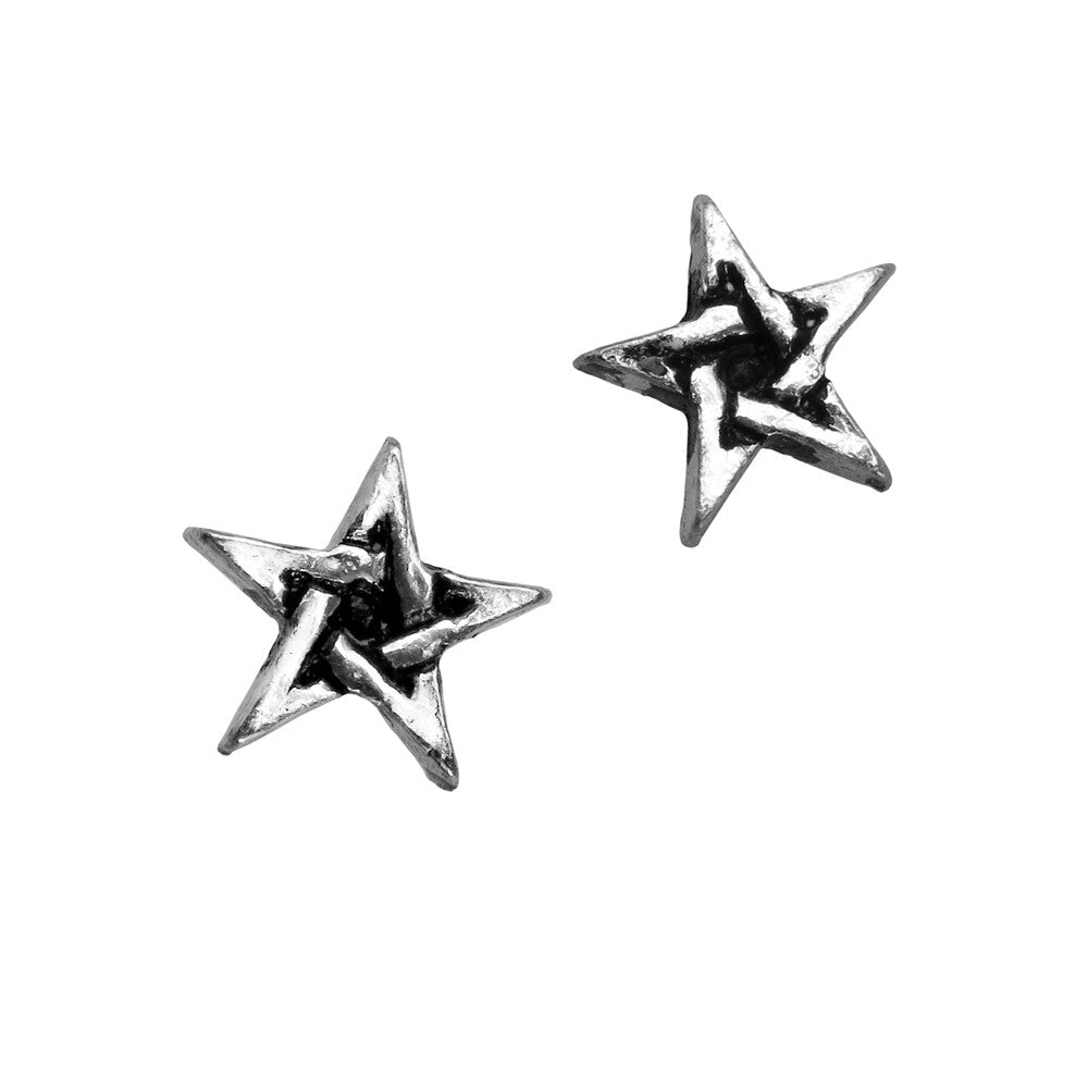 Pair of star-shaped silver earrings on a white background