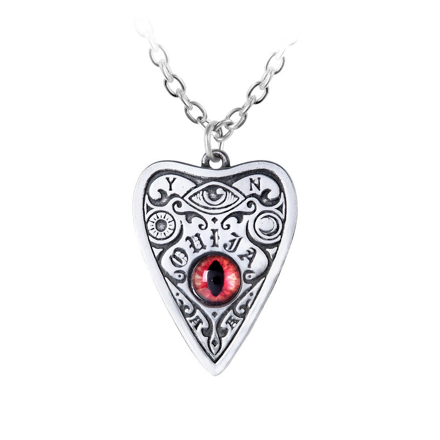 Heart-shaped pendant with red eye design and 'Ouija' text on a white background