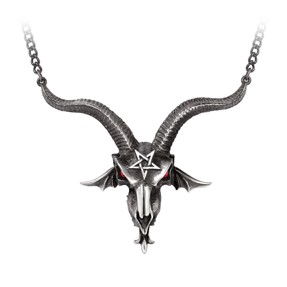 Silver goat skull pendant with horns and a pentagram on a white background