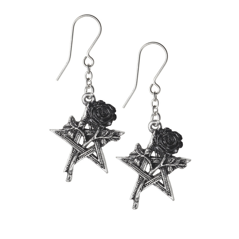 Alchemy Gothic Ruah Vered Pentagram Black Rose Earrings E402