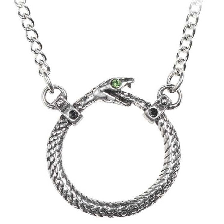 Silver necklace with a circular pendant featuring a green gemstone on a white background