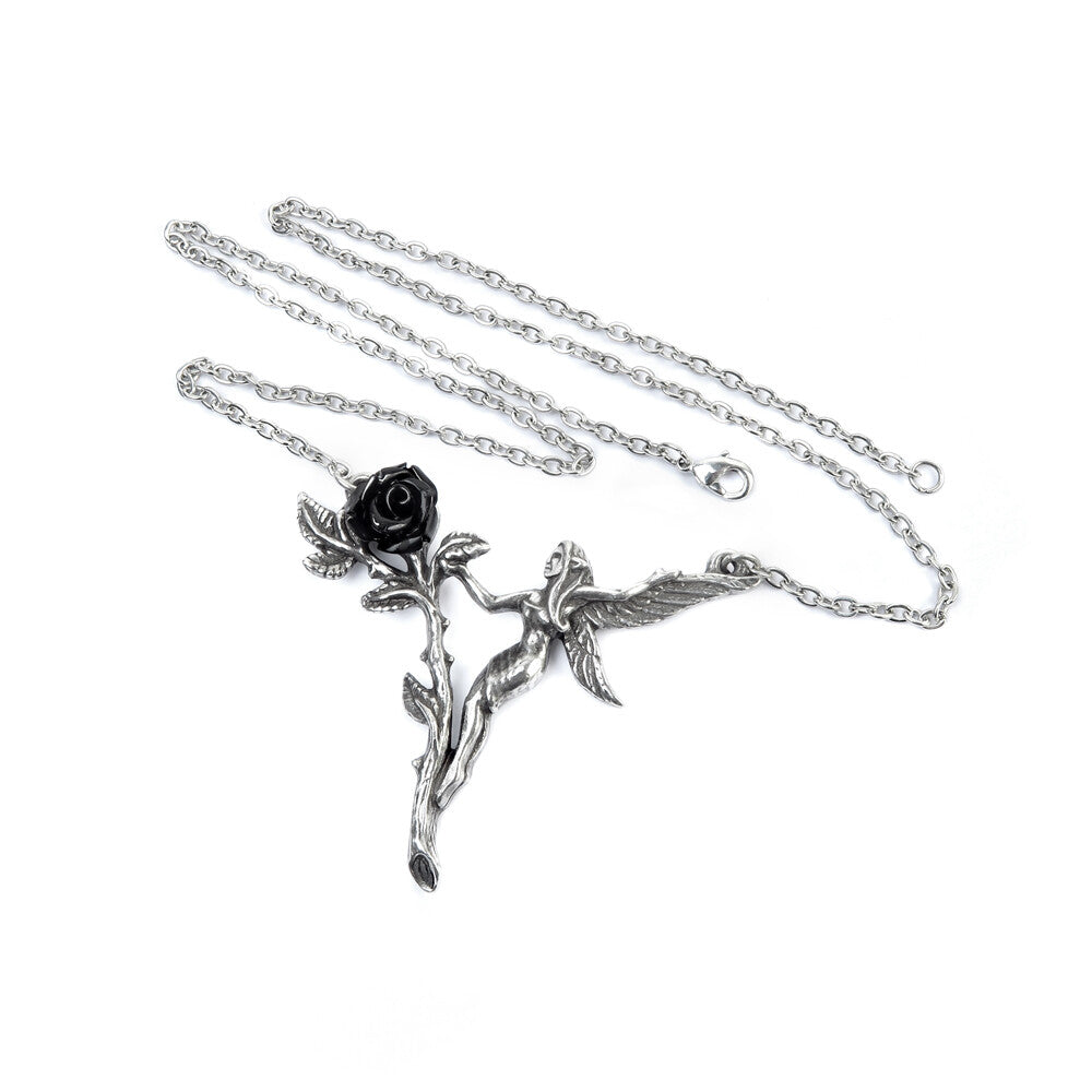 Necklace with black rose and bird pendant on a white background