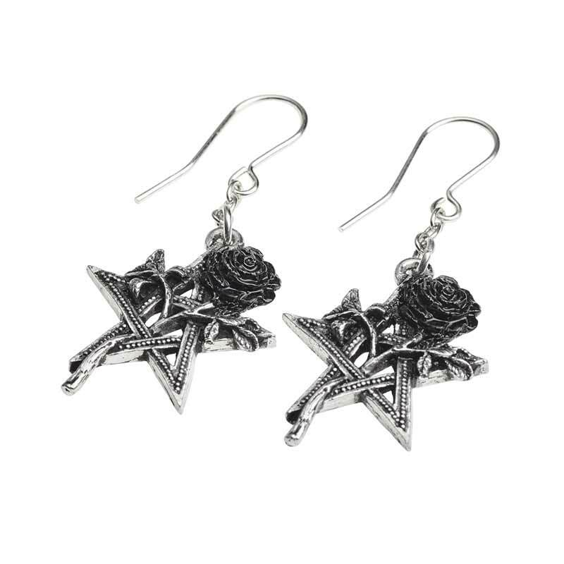 Alchemy Gothic Ruah Vered Pentagram Black Rose Earrings E402