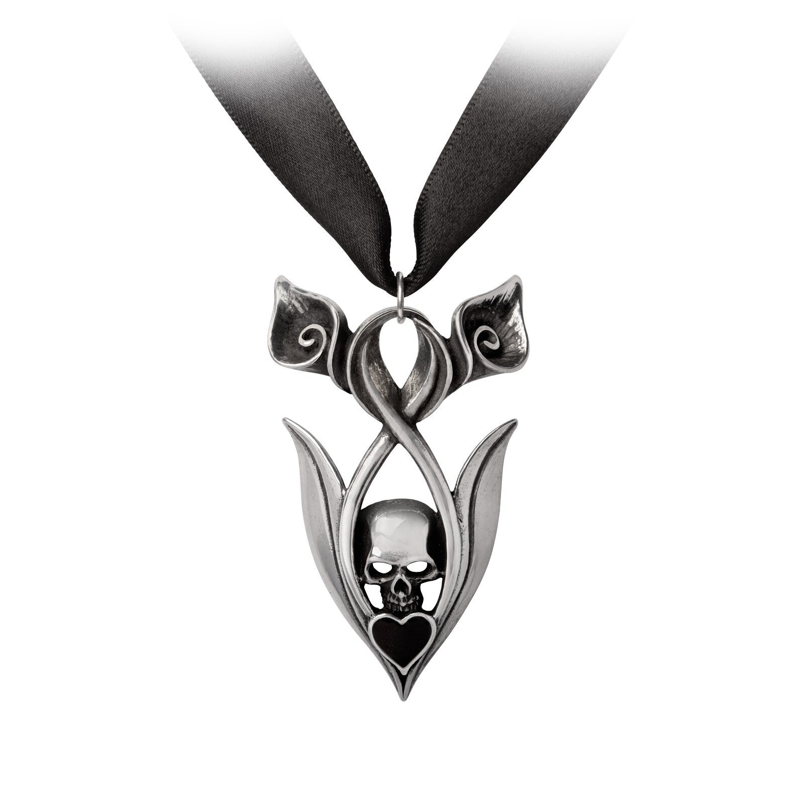 Pendant with skull design on a black ribbon against a white background