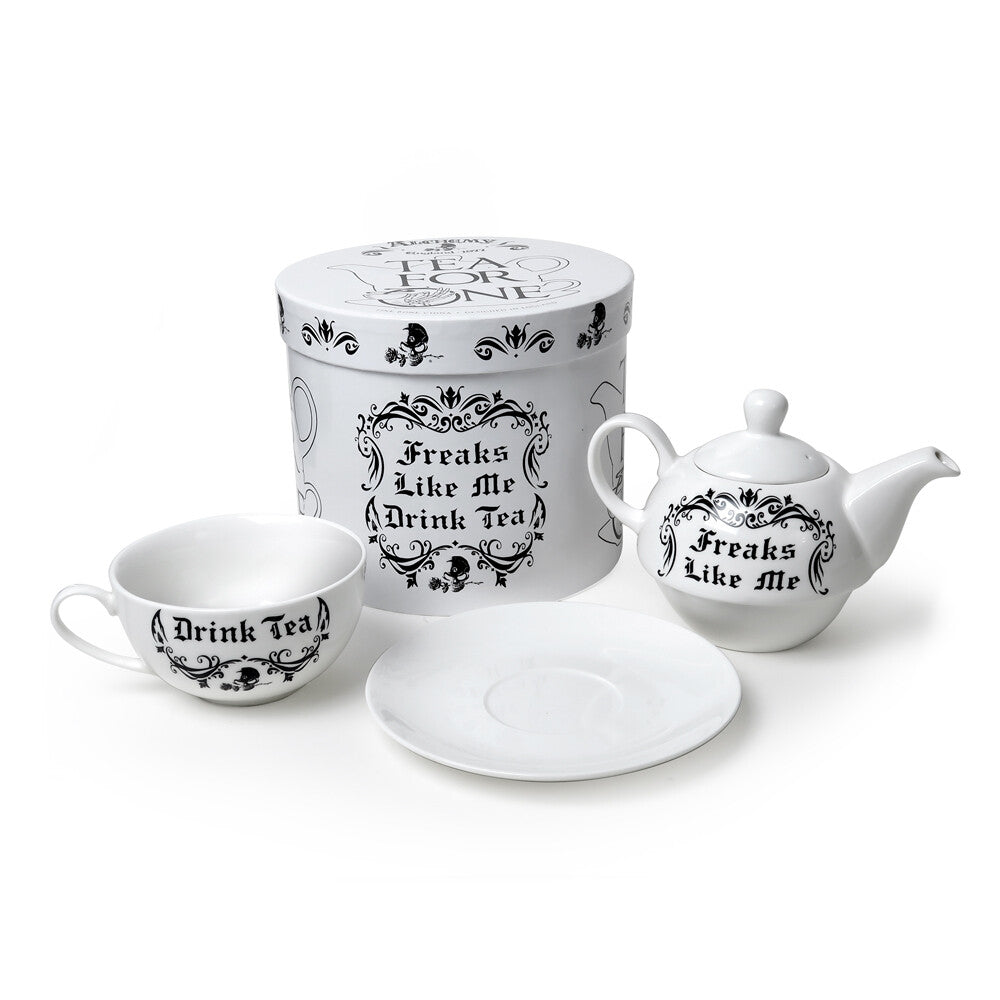 Tea set with 'Freaks Like Me Drink Tea' text on a white background