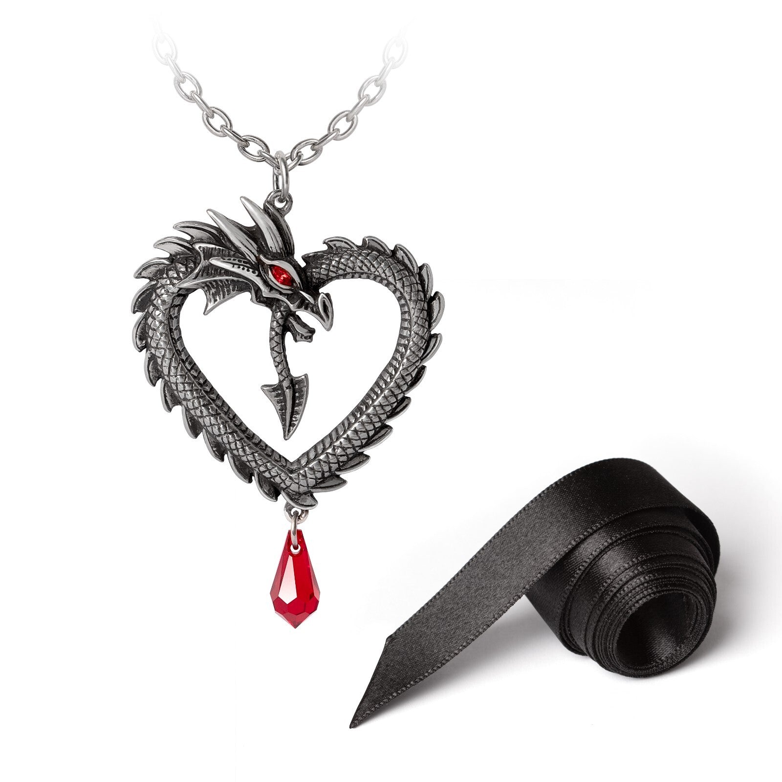 Dragon-shaped necklace with a red gem and black ribbon on a white background