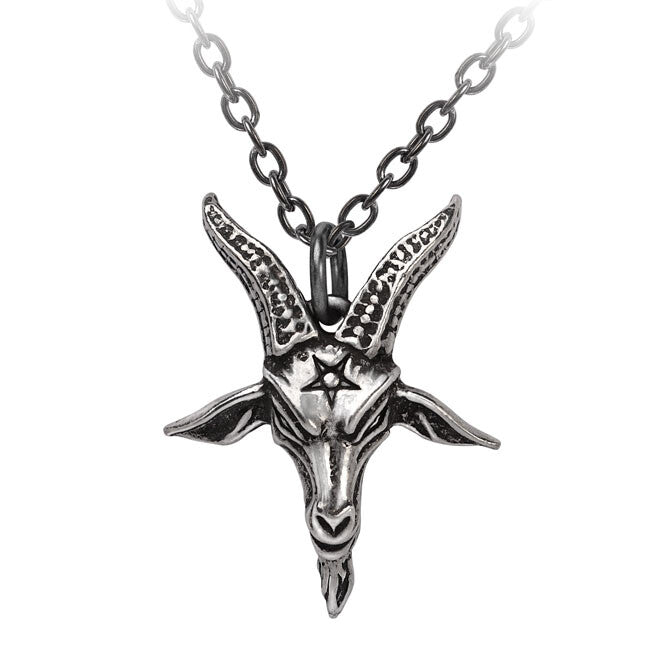 Silver goat head pendant necklace on a white background