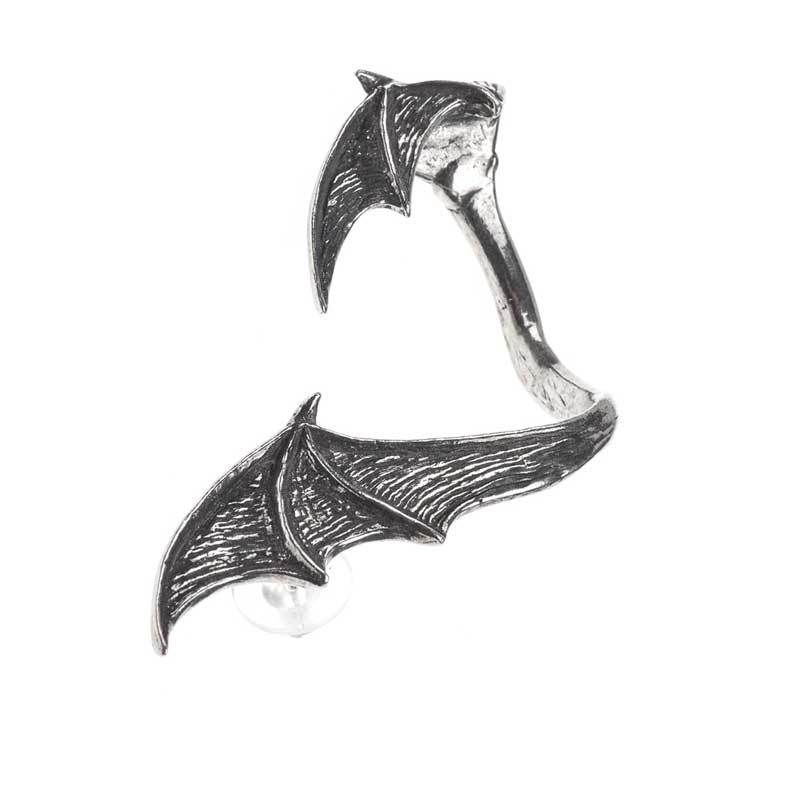 Pair of silver bat-wing earrings on a white background