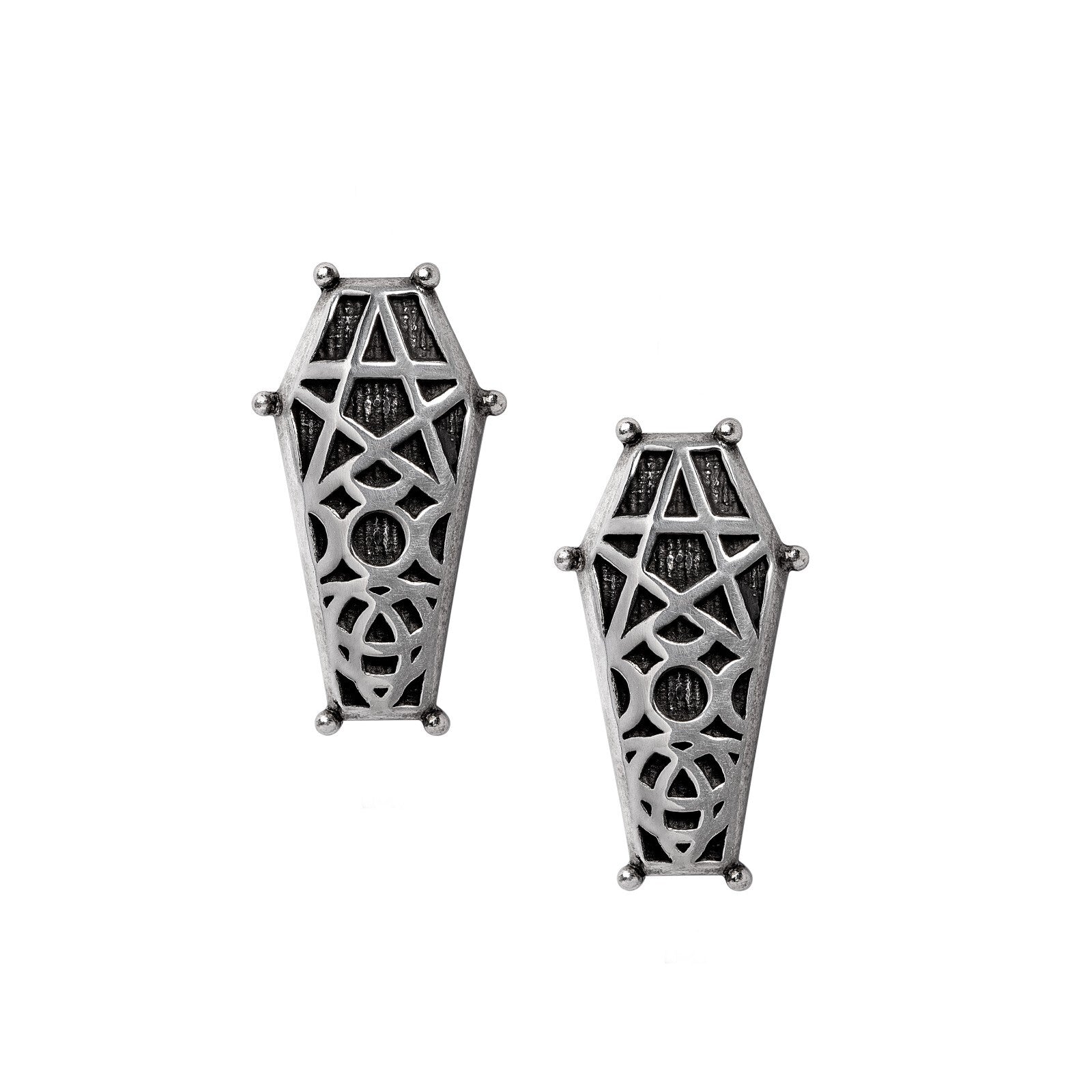 Pair of silver coffin-shaped earrings with intricate designs on a white background