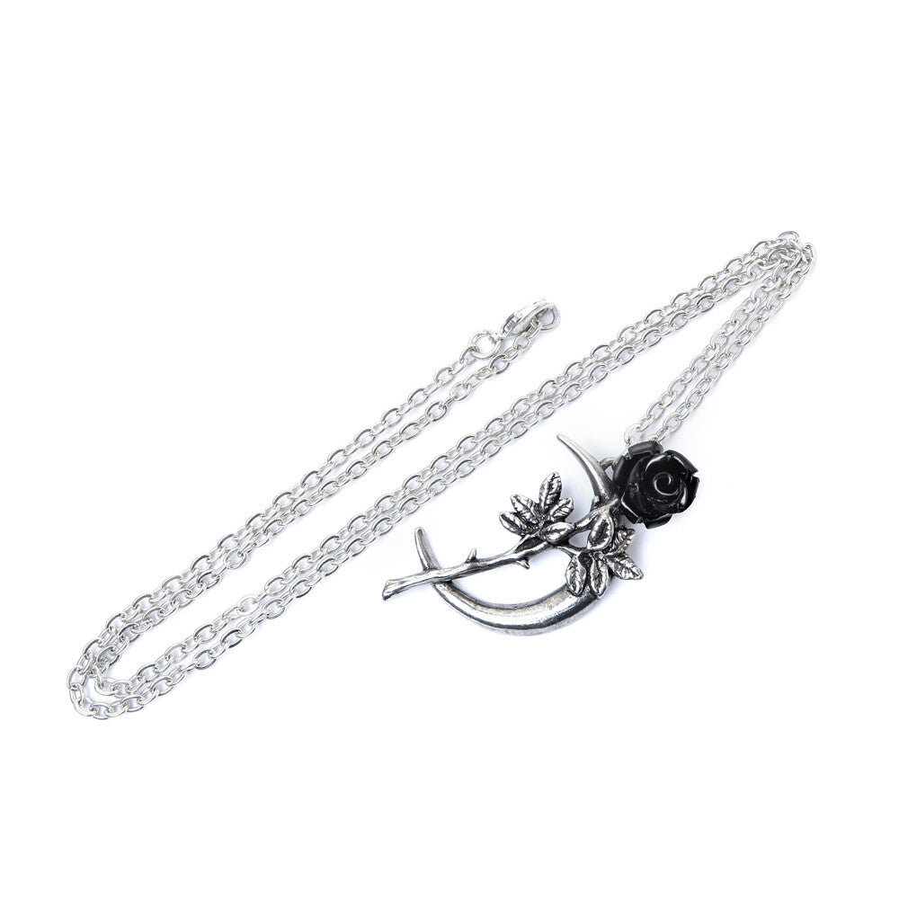 Silver necklace with black rose pendant on a white background