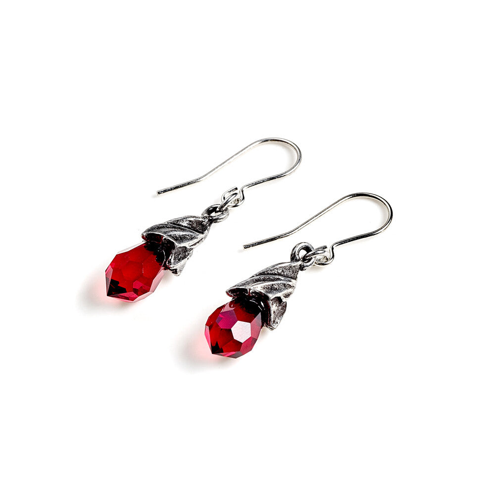 Silver earrings with red gemstones on a white background
