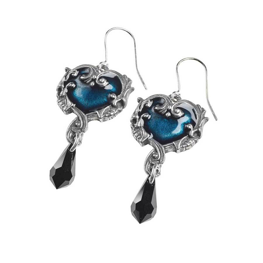 Pair of silver earrings with blue heart designs on a white background
