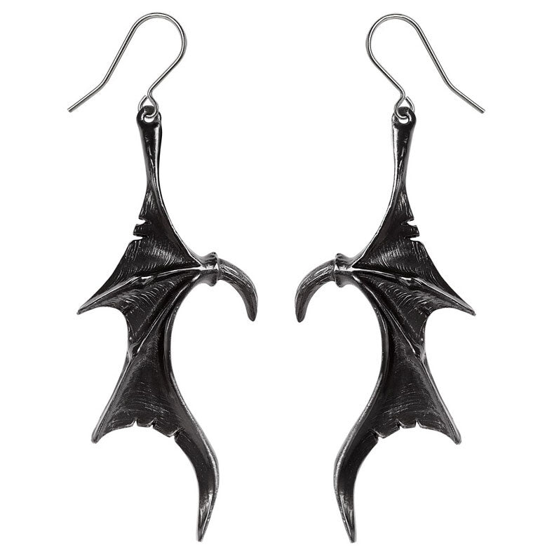 Black wing-shaped earrings on a white background