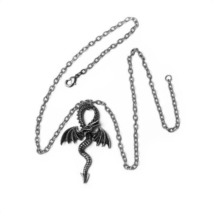 Dragon-shaped pendant on a chain against a white background