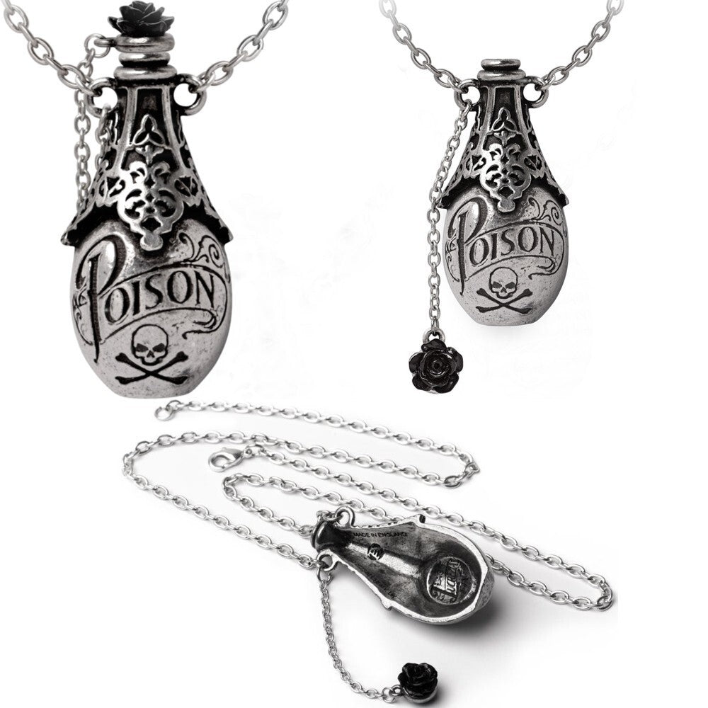 Two silver 'poison' bottle necklaces with chains on a white background