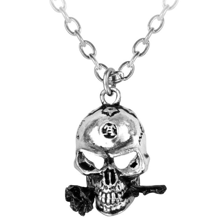 Silver skull pendant with a chain on a white background