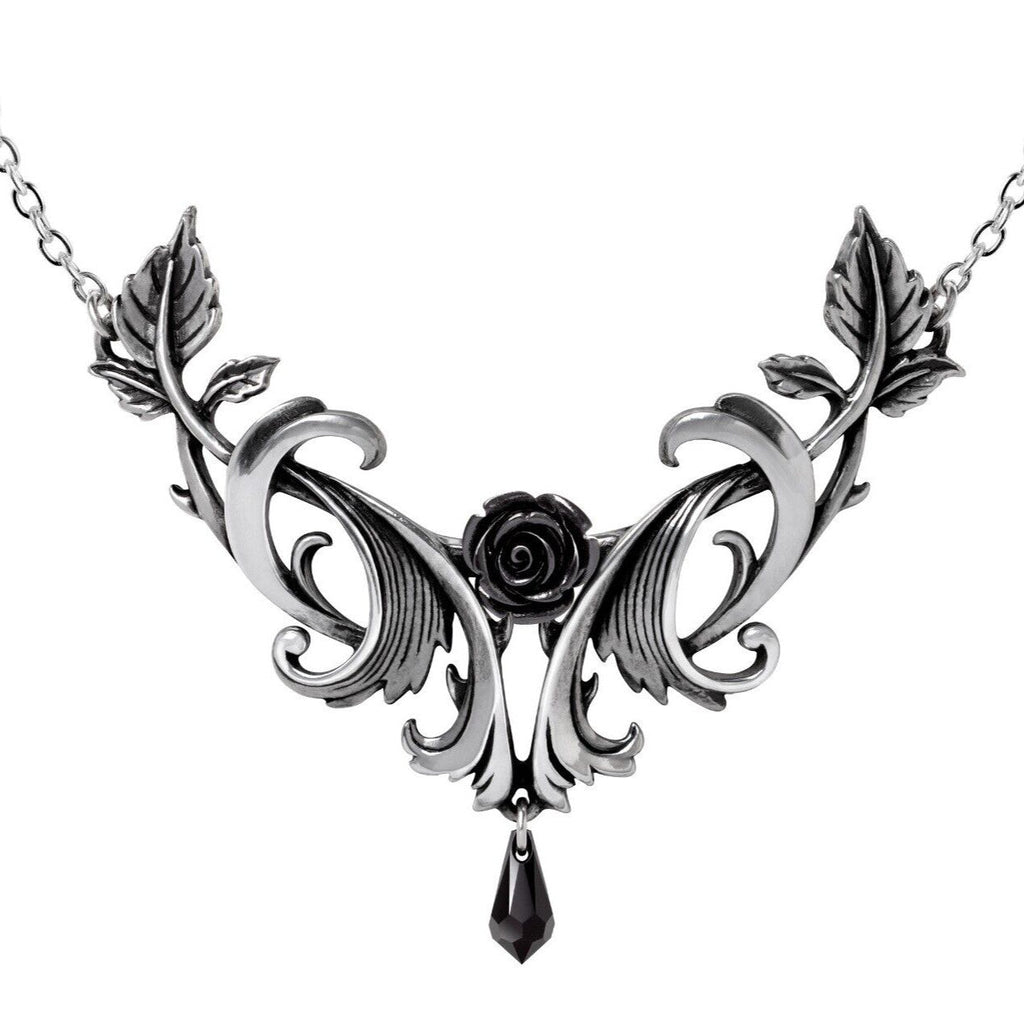 Ornate necklace with black rose design on a white background