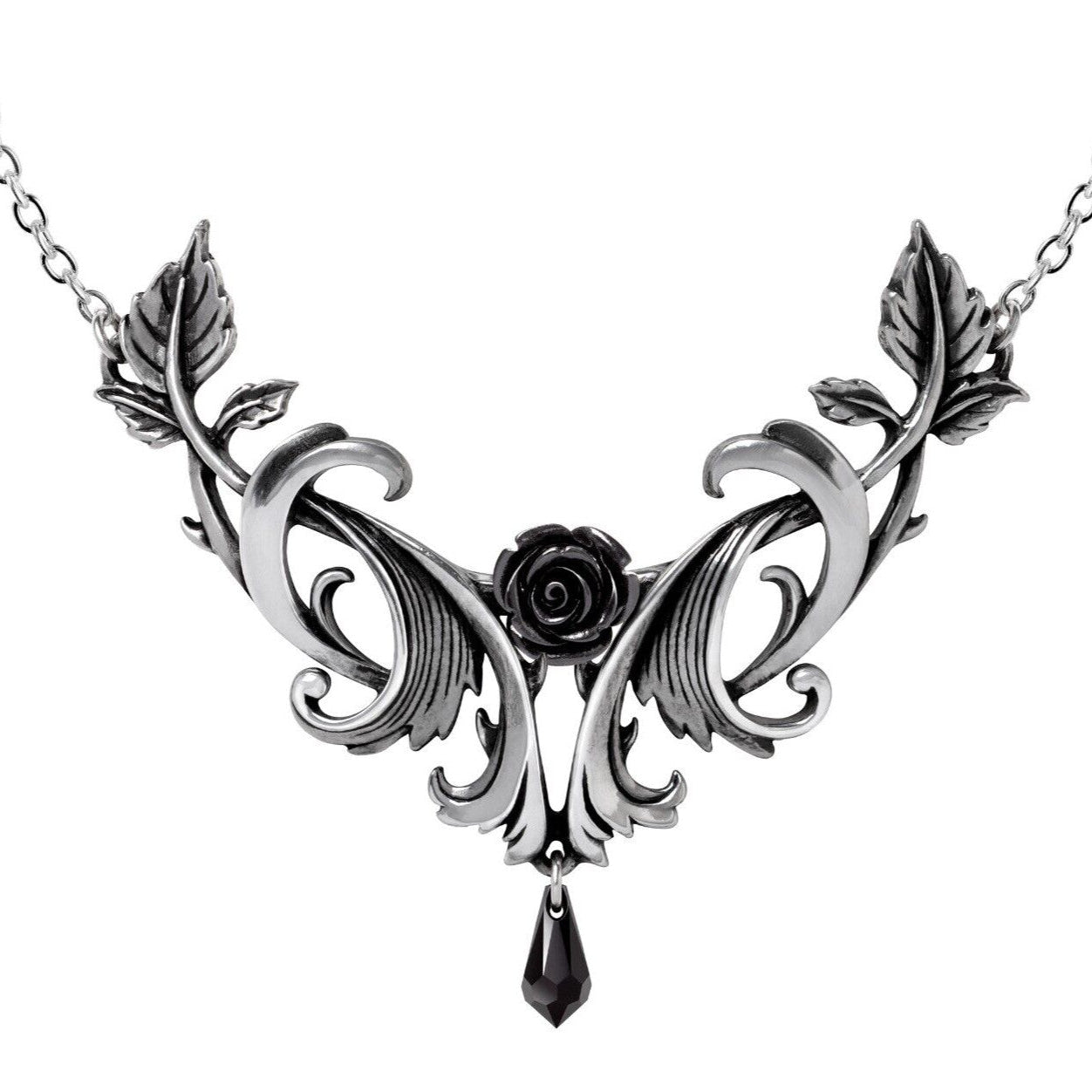 Ornate necklace with black rose design on a white background