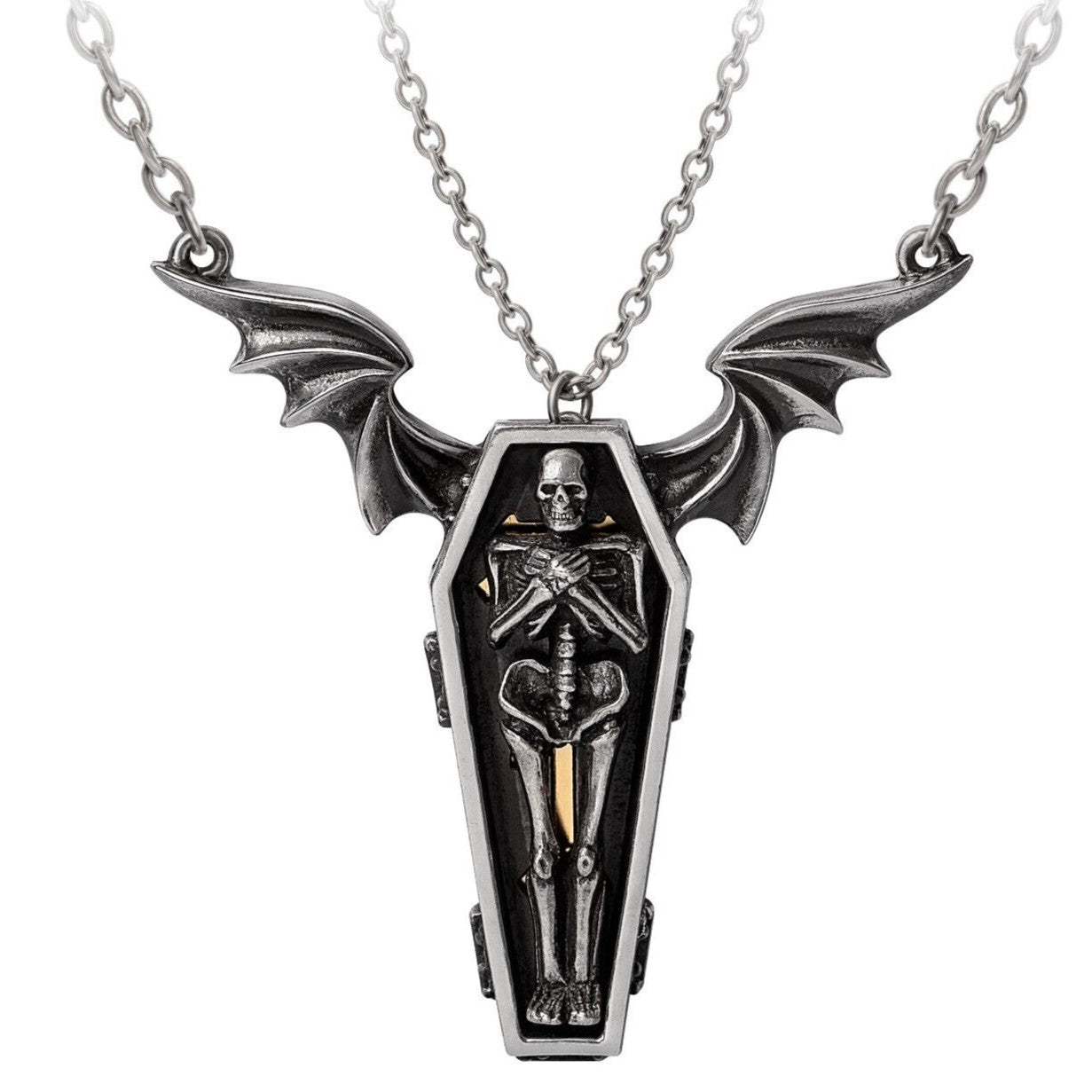 Silver skeleton in a coffin pendant with bat wings on a white background