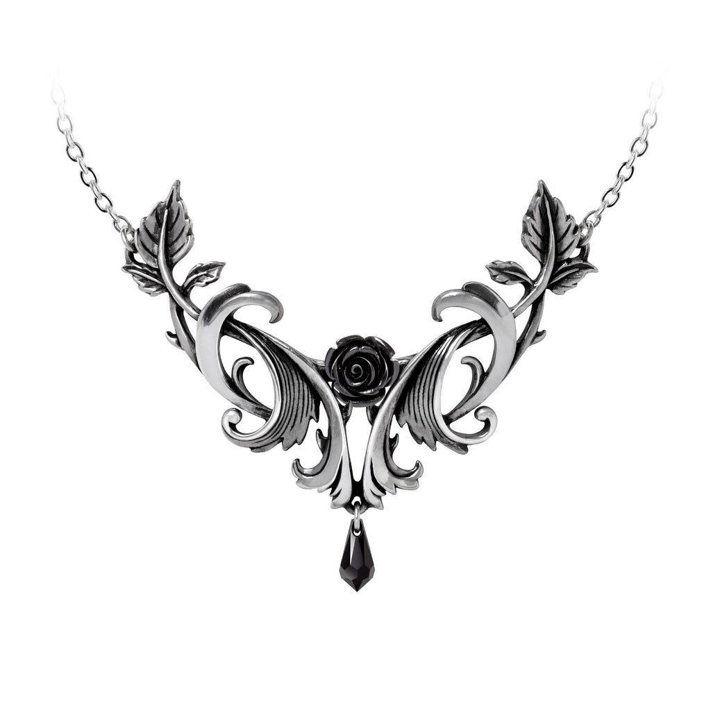 Ornate necklace with black rose pendant on a white background