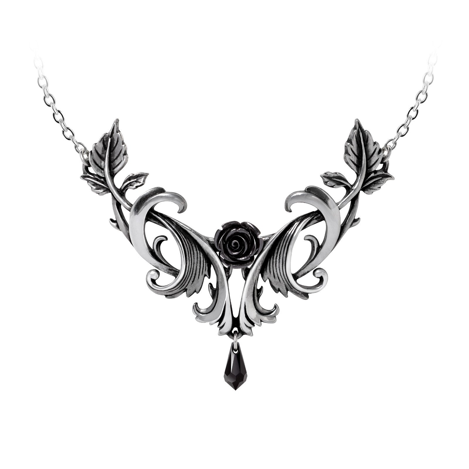 Ornate necklace with black rose pendant on a white background