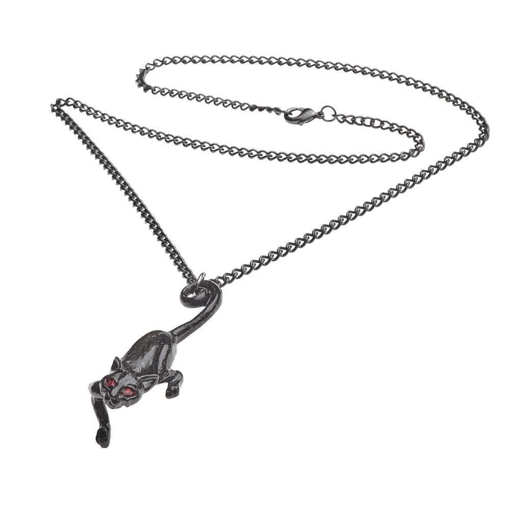 Black cat pendant necklace on a white background