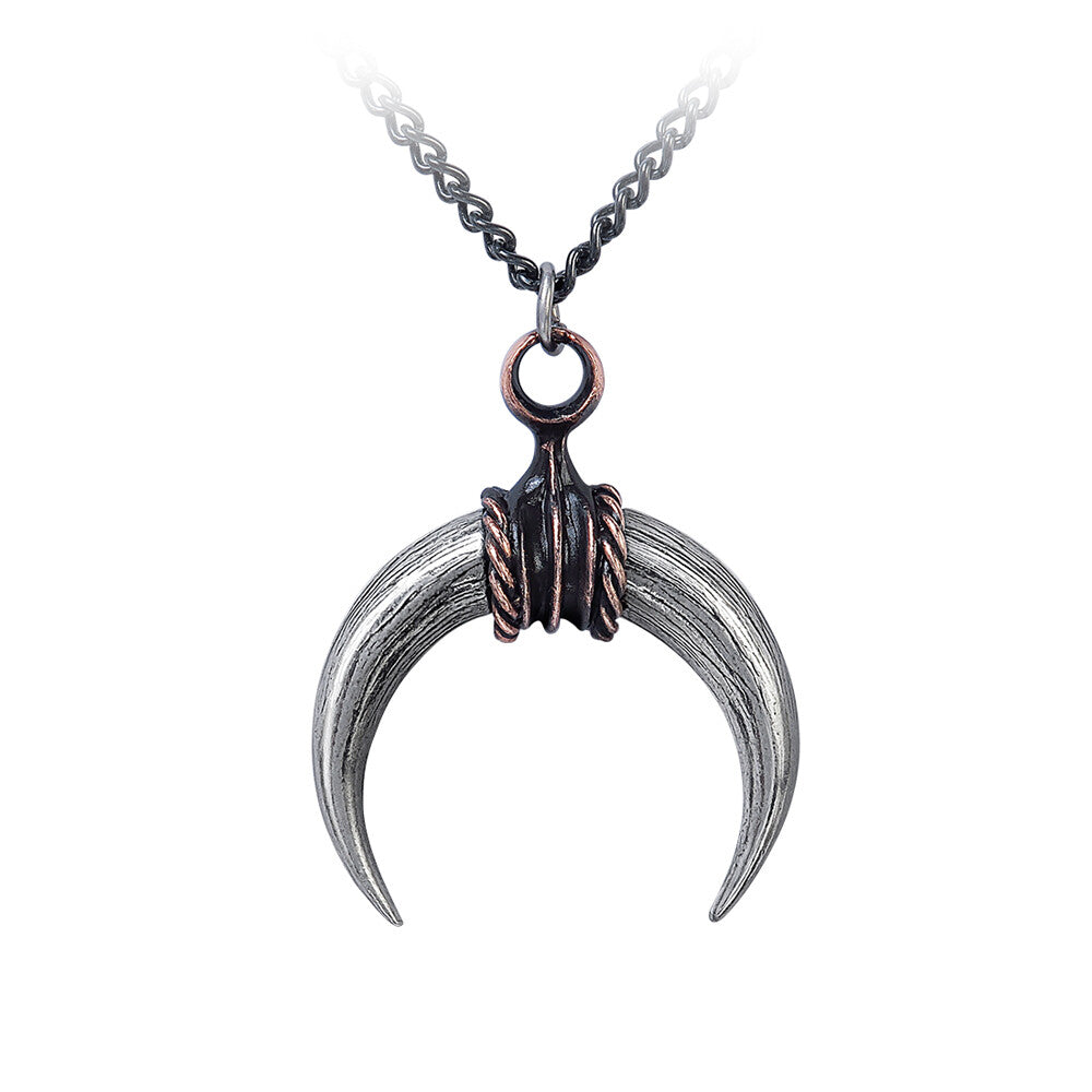 Metallic pendant necklace on a white background