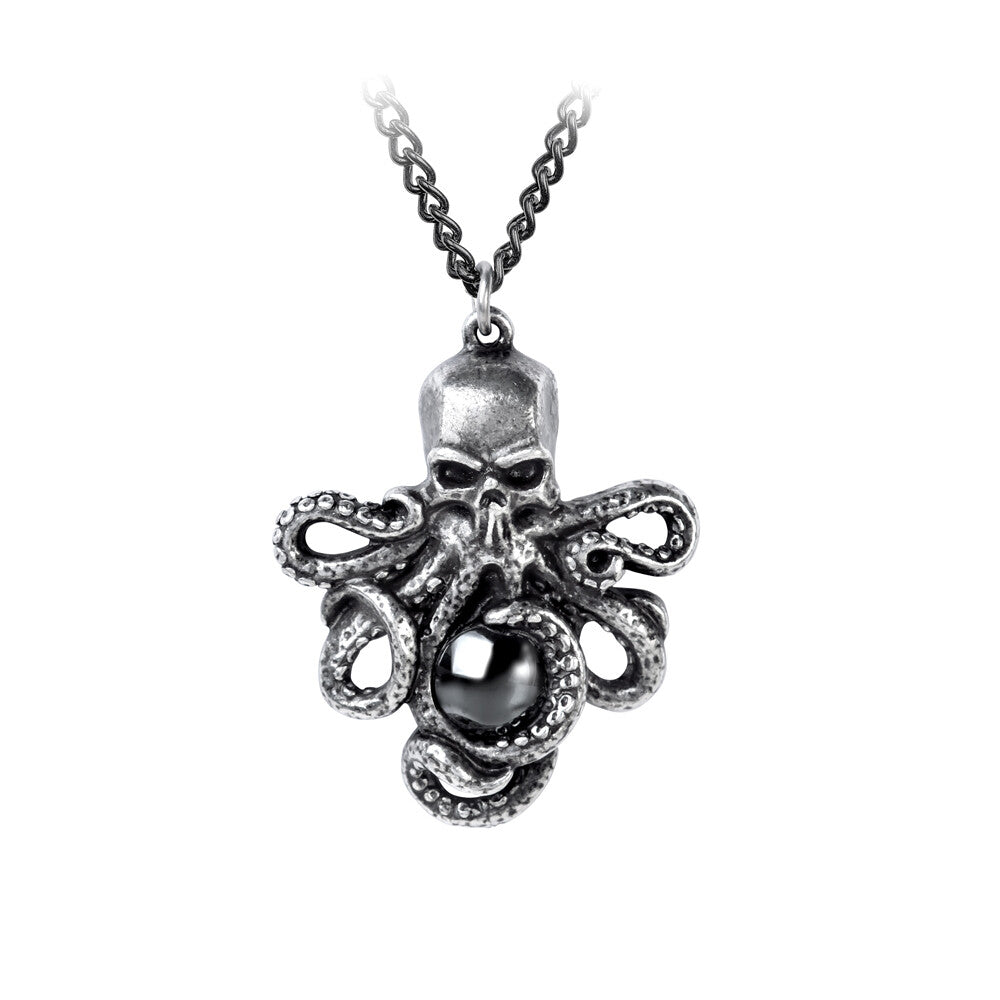 Silver octopus skull pendant on a chain against a white background
