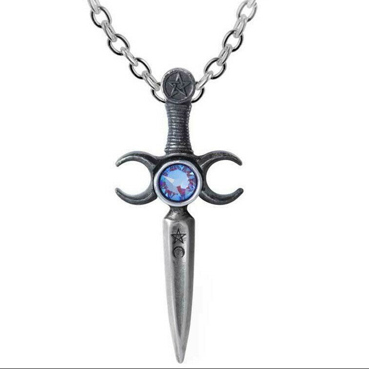 Silver dagger-shaped pendant with blue gem and star design on a white background