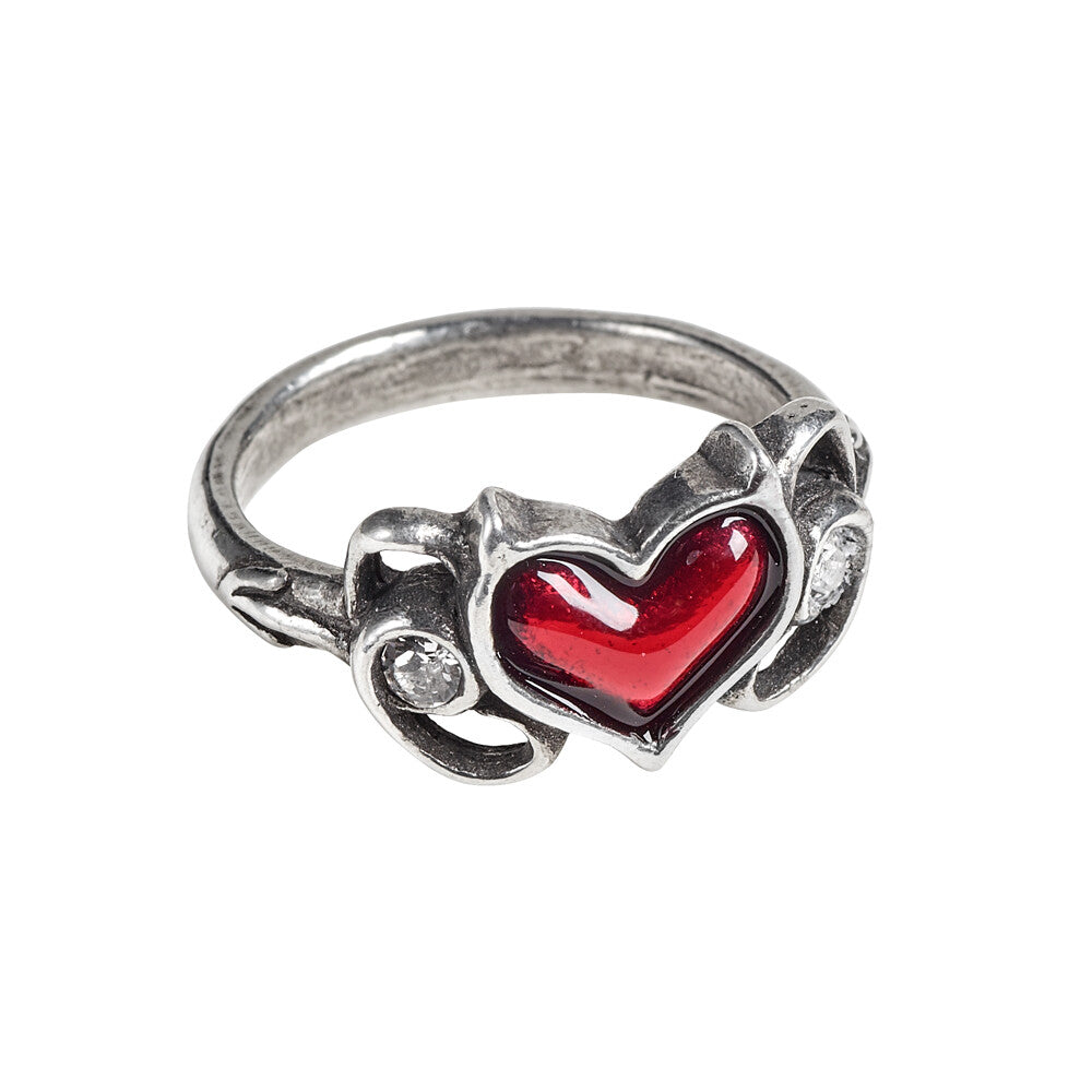 Silver ring with a red heart design on a white background