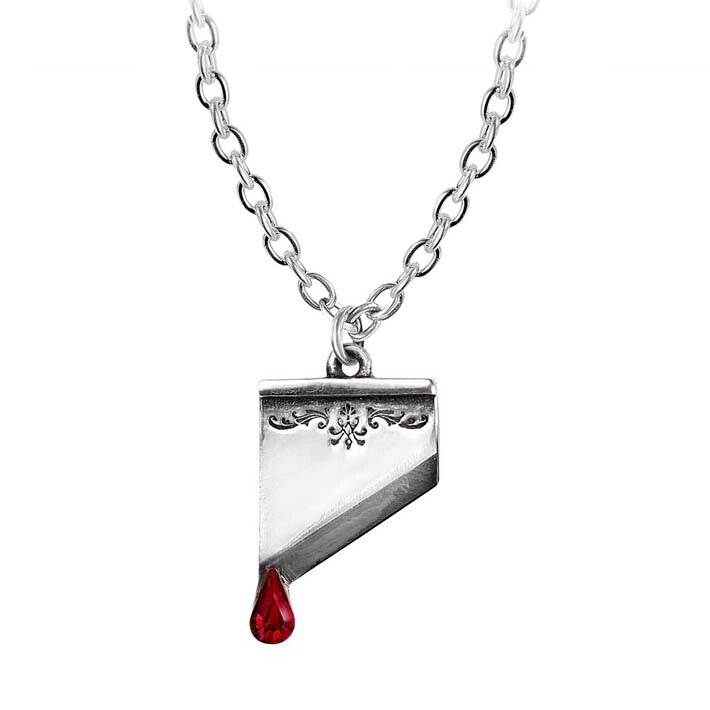 Silver necklace with a unique pendant featuring a red drop on a white background