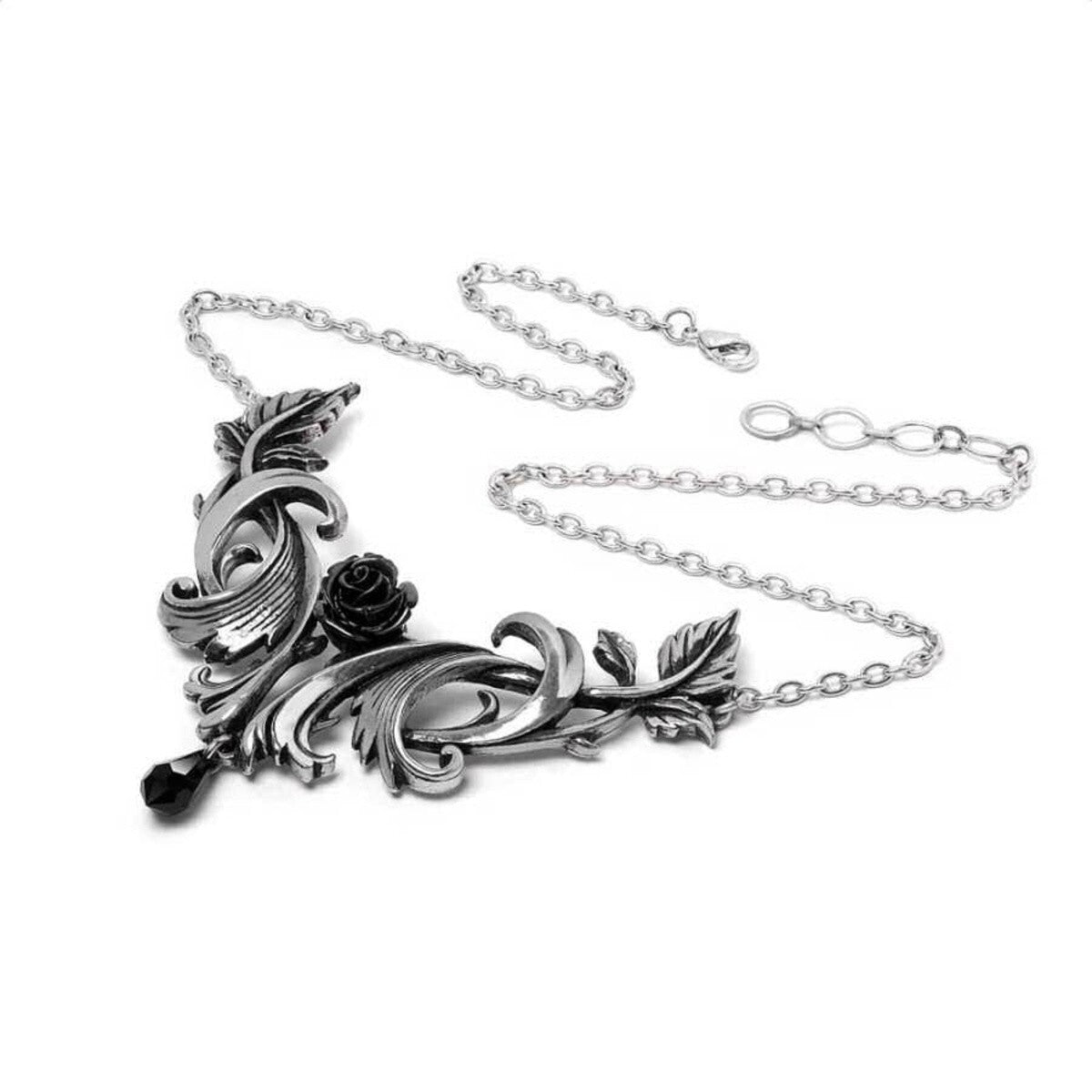 Ornate silver necklace with a black rose pendant on a white background