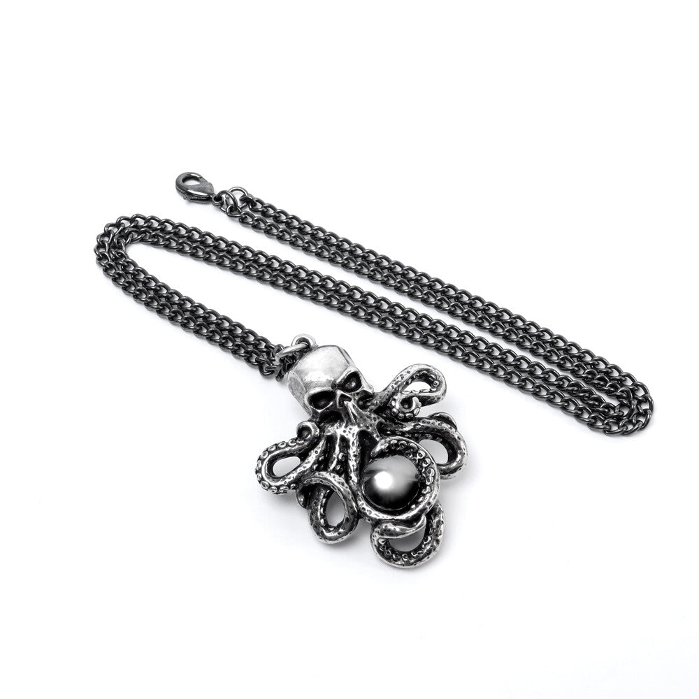 Silver octopus pendant on a chain against a white background