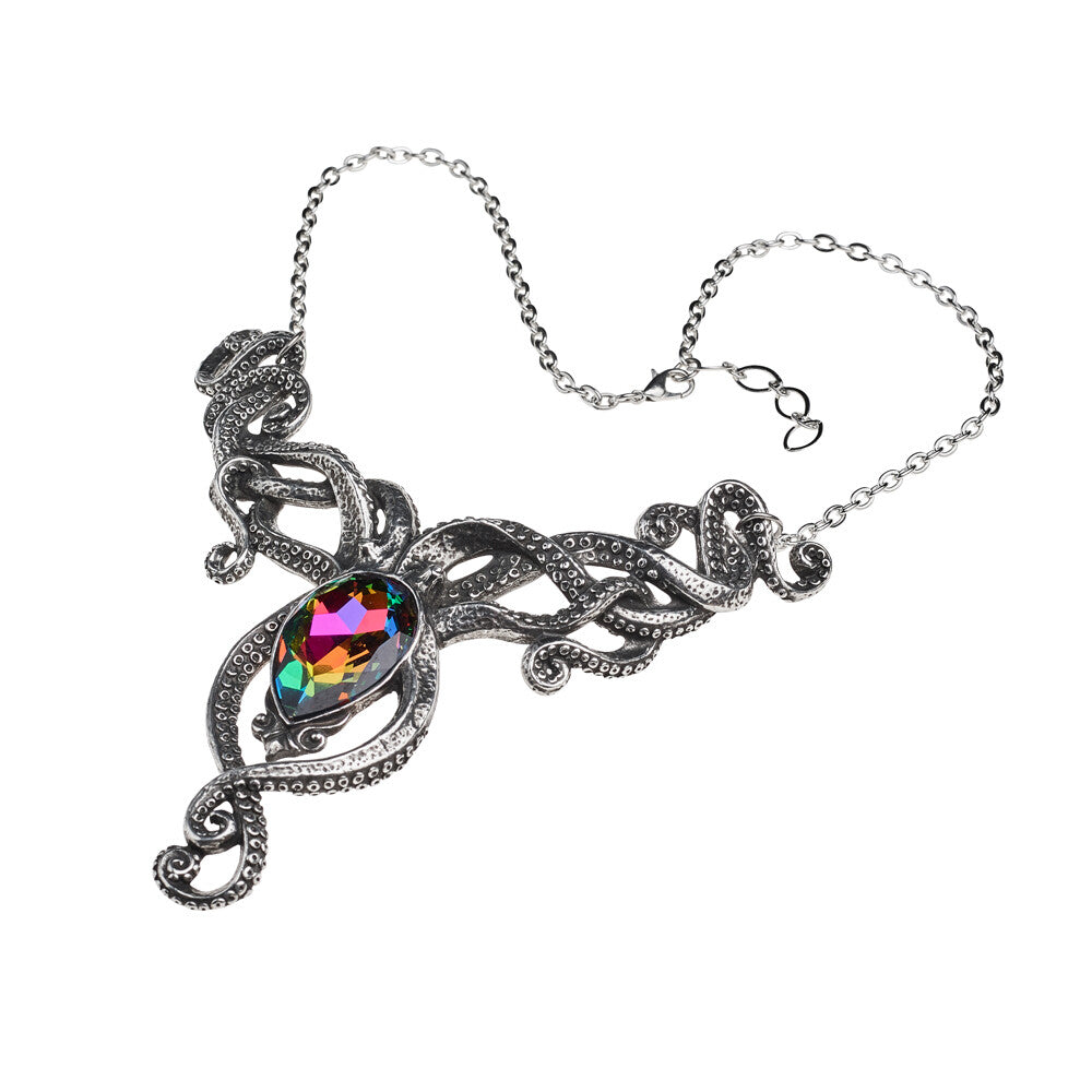 Necklace with a decorative pendant featuring a colorful gemstone on a white background
