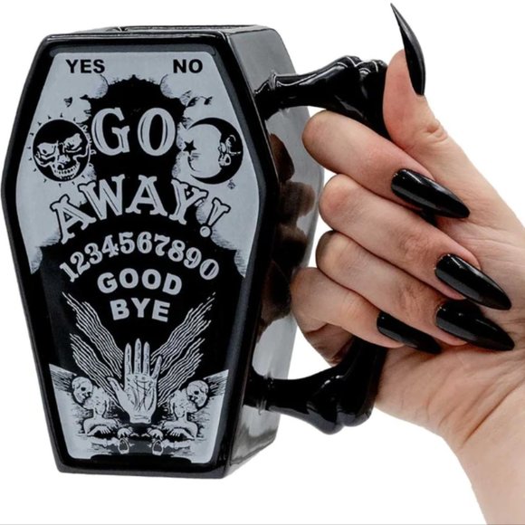 Kreepsville 666 Ouija Board Go Away! Black Coffin Mug