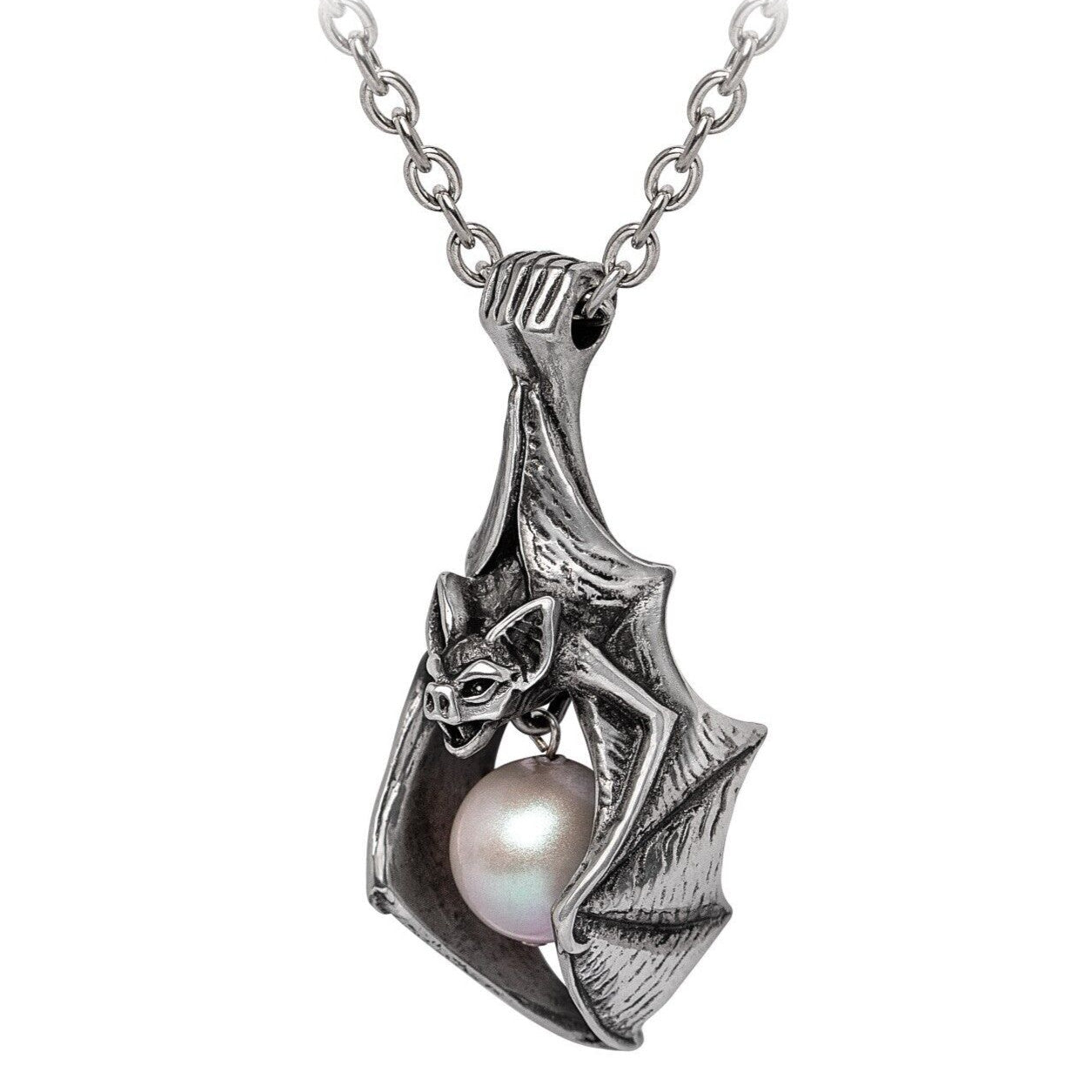 Silver bat pendant with a pearl on a white background