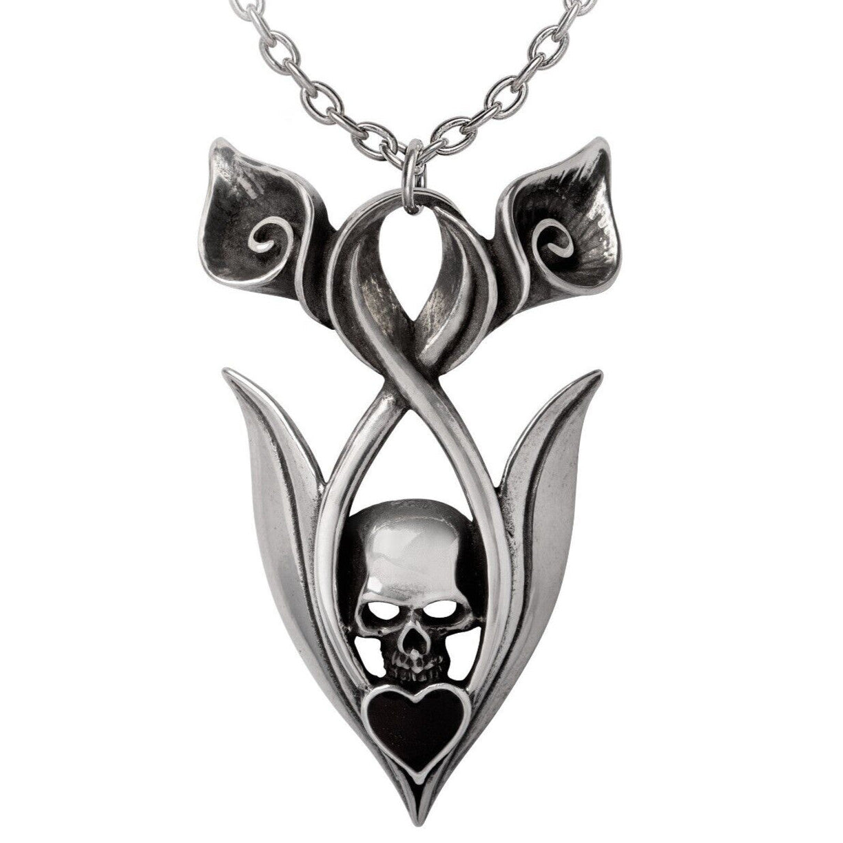 Silver pendant with skull design on a white background