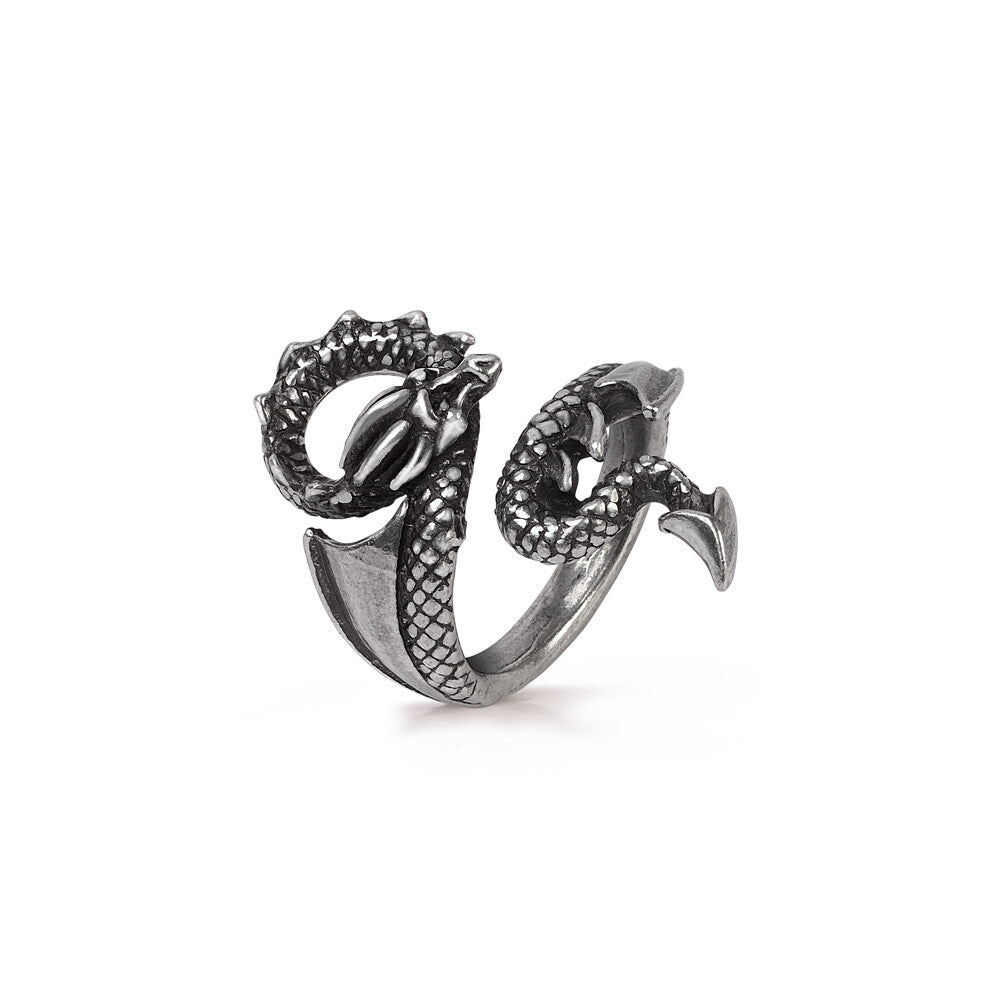Silver dragon-shaped ring on a white background