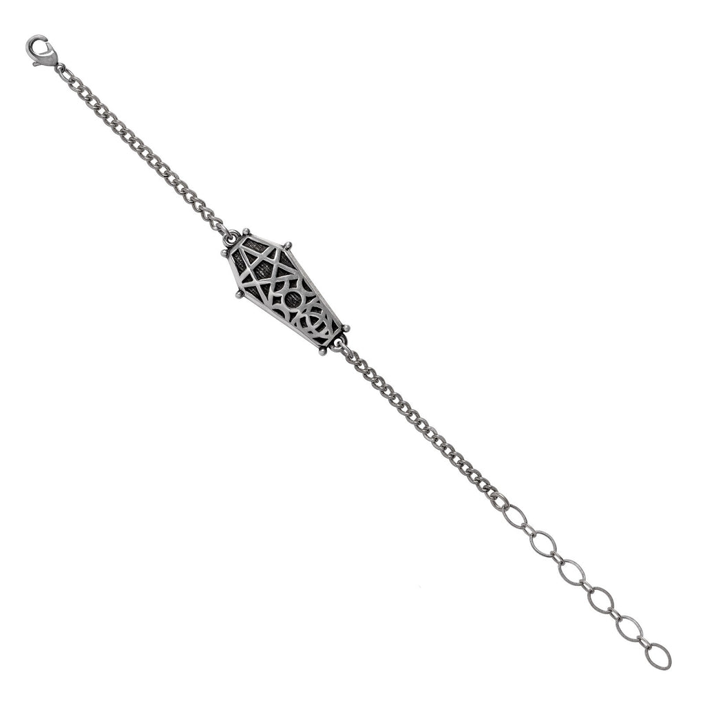 Silver bracelet with intricate design on a white background