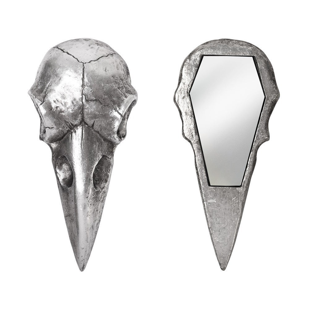 Alchemy Gothic Raven Skull Hand Mirror Silver Black V99